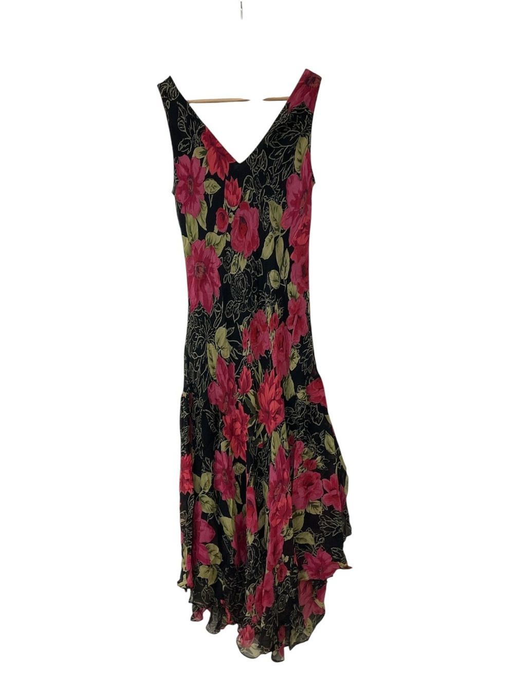 Vintage Midi Bias Slip Black Pink Floral Beaded Scarf Hem Y2K Whimsigoth 8